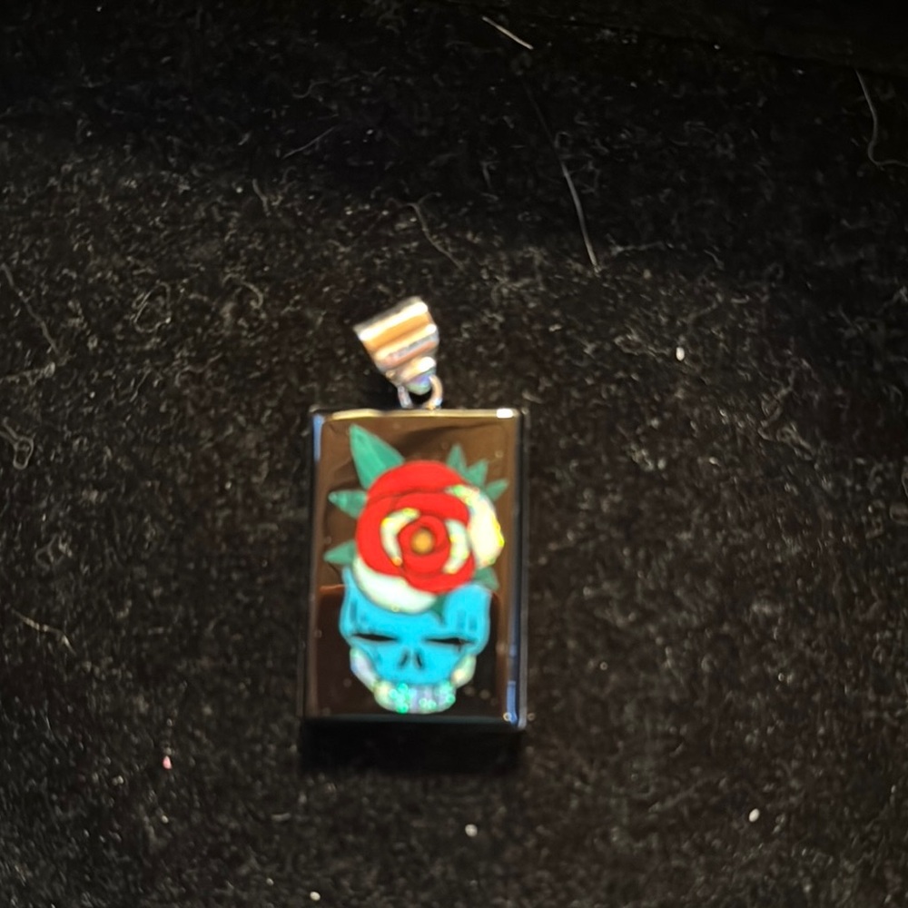 Skull Pendant with Red Rose Design